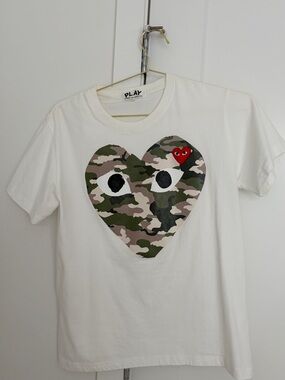 Comme des Garcons PLAY White Tee with Camo Heart and Red Heart Patch